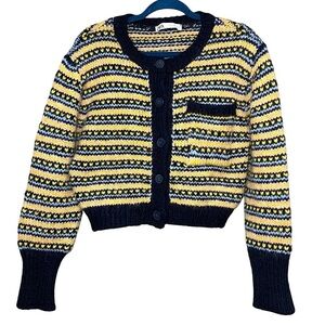 Zara Knit Cropped Sweater Sz S Blue Yellow Alpaca Wool Acrylic Blend Button Up